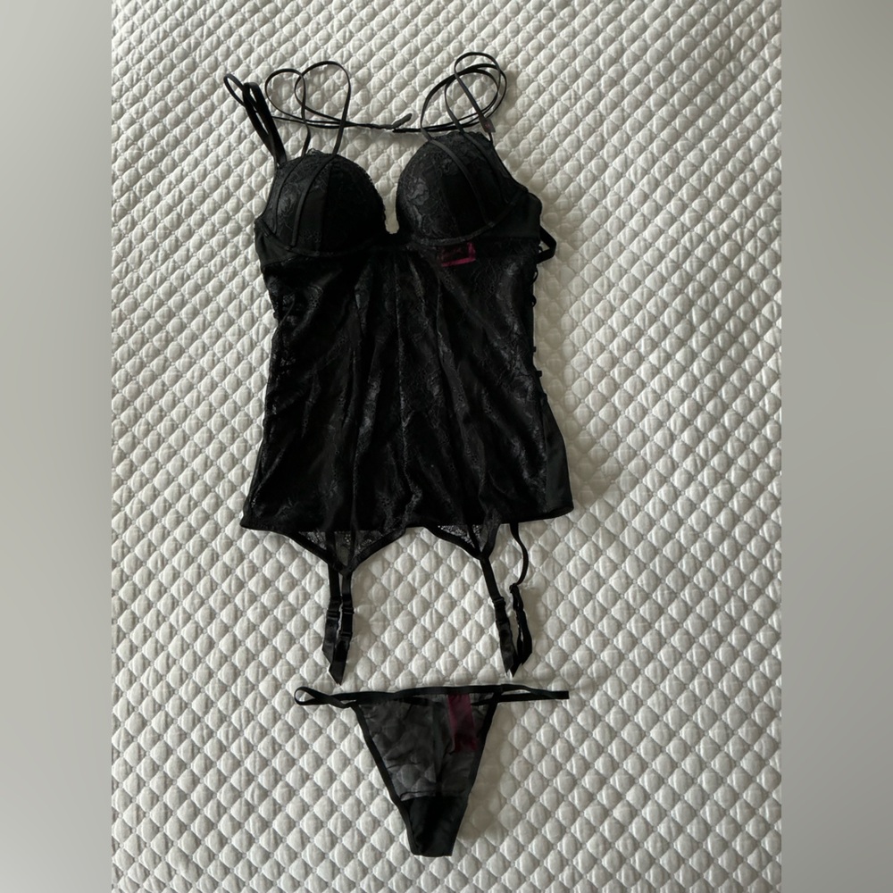 La SENZA Black Lace Mesh Halter Garter Bustier Chemise Thong Set S